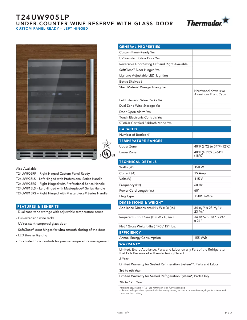 Page n°1 - Fiche technique Thermador T24UW905LP