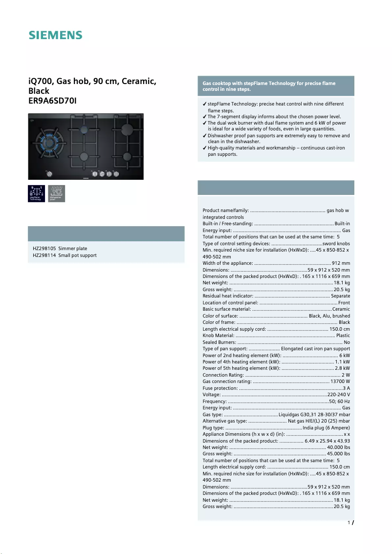 Page n°1 - Fiche technique Siemens ER9A6SD70I