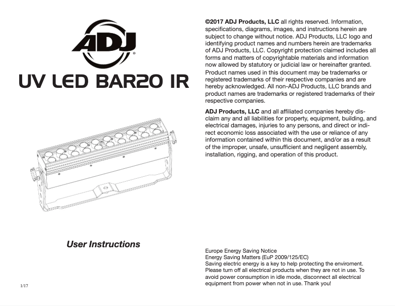 Page n°1 - Manuel utilisateur American DJ UV LED BAR20 IR