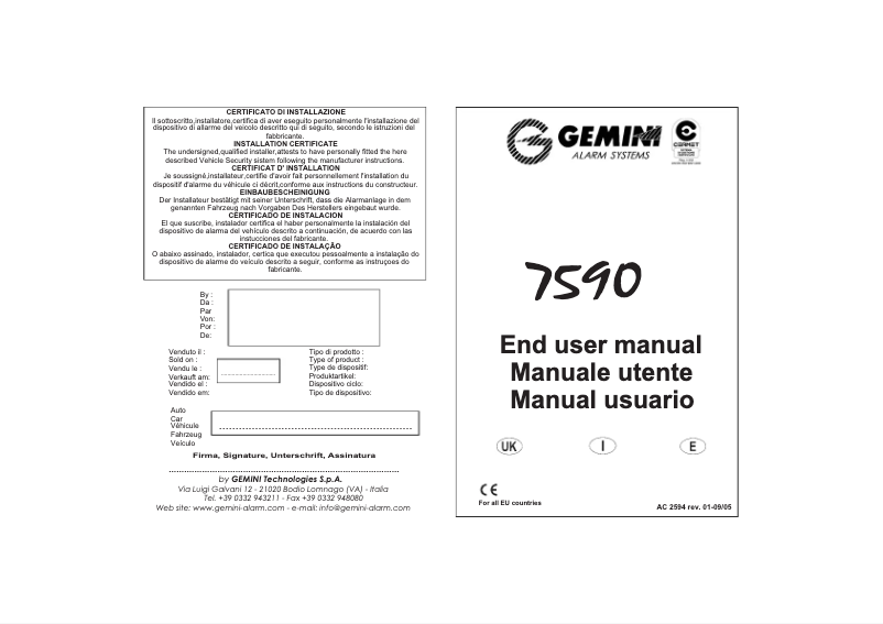 Page 1 de la notice Manuel utilisateur Gemini 7590T