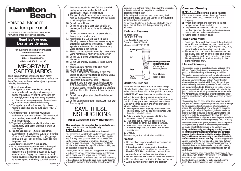 Page n°1 - Mode d'emploi Hamilton Beach 51101V