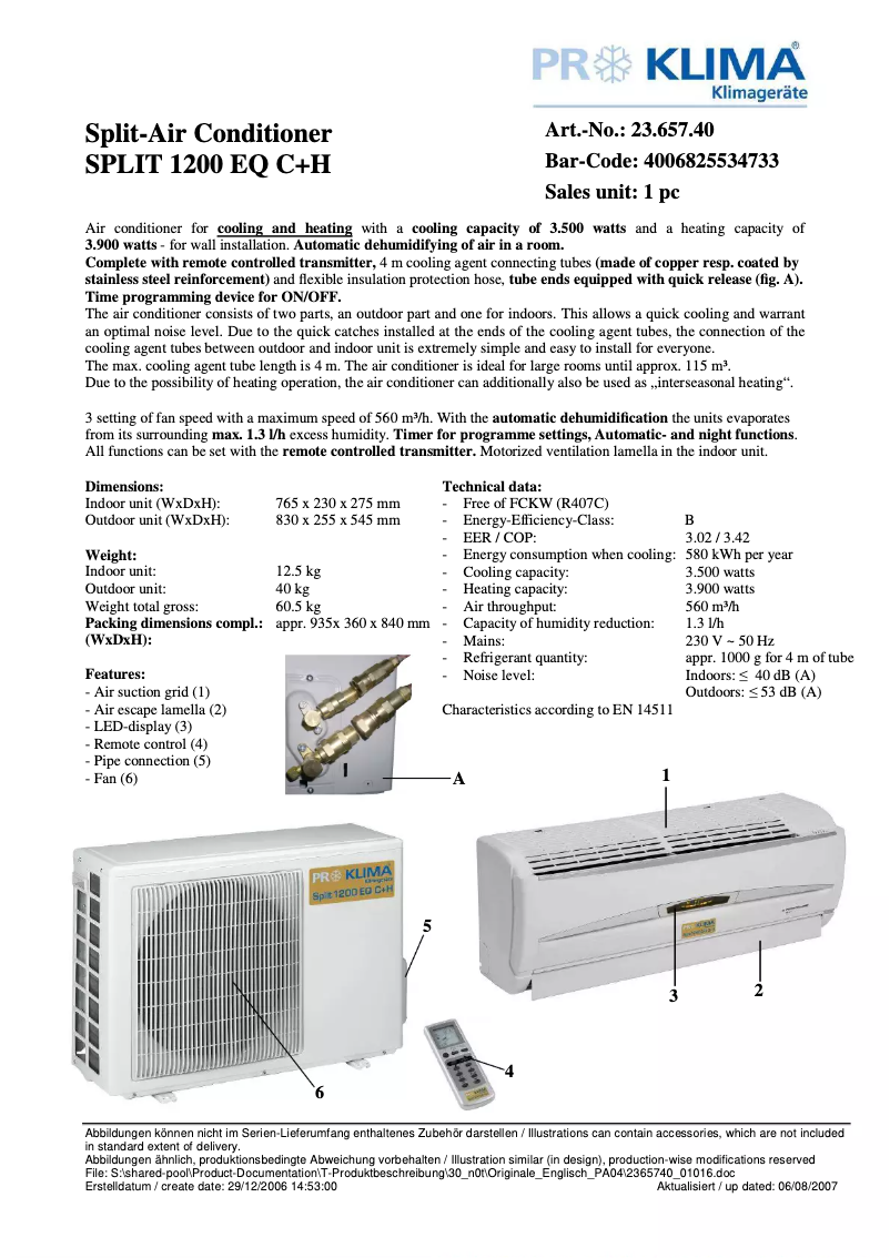 Page n°1 - Fiche technique Proklima Split 1200 EQ C+H