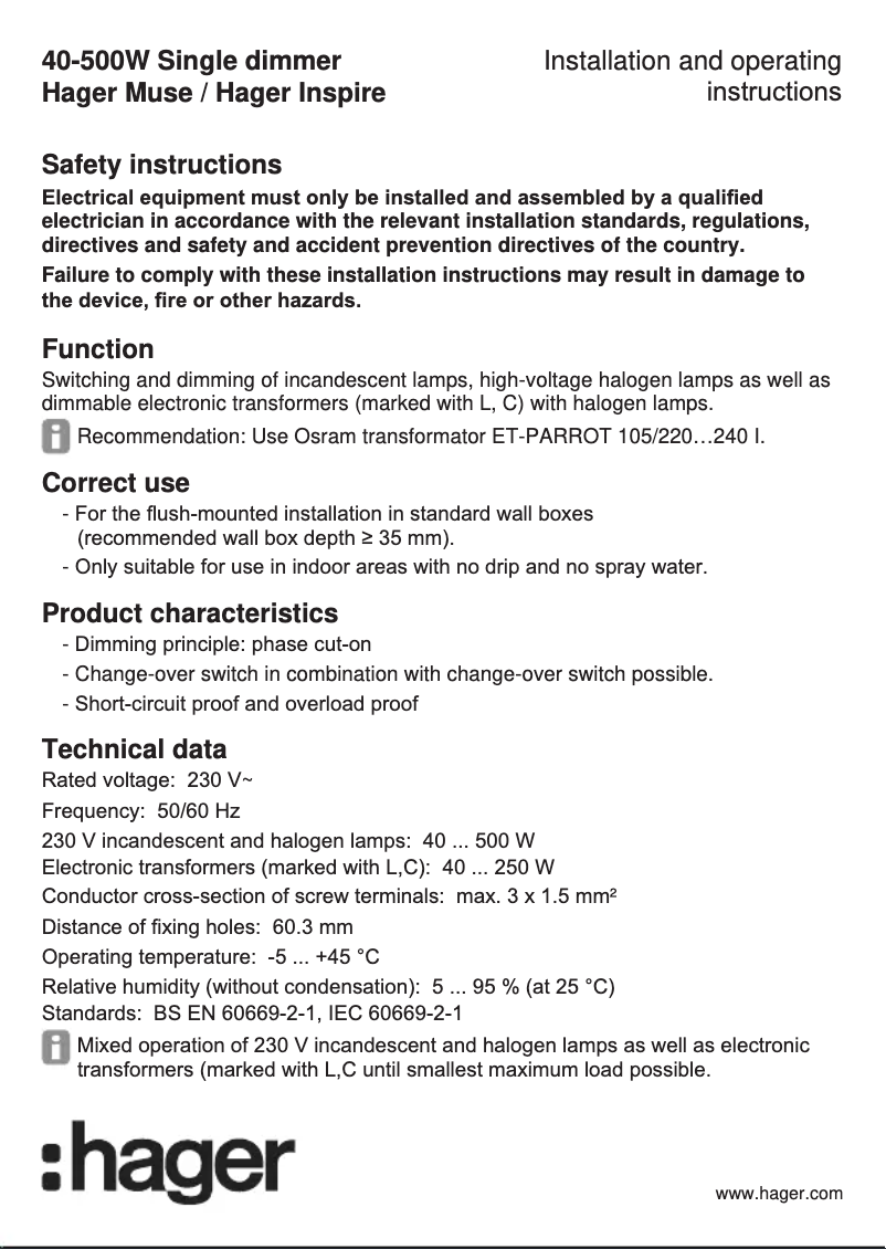 Page n°1 - Manuel utilisateur Hager WGCXEDR500NB