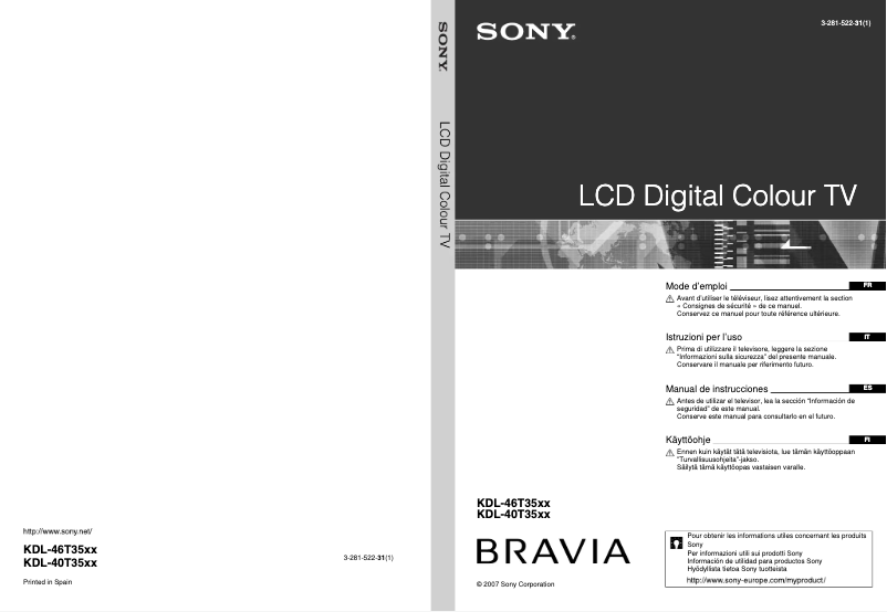 Page 1 de la notice Manuel utilisateur Sony Bravia KDL-46T35XX