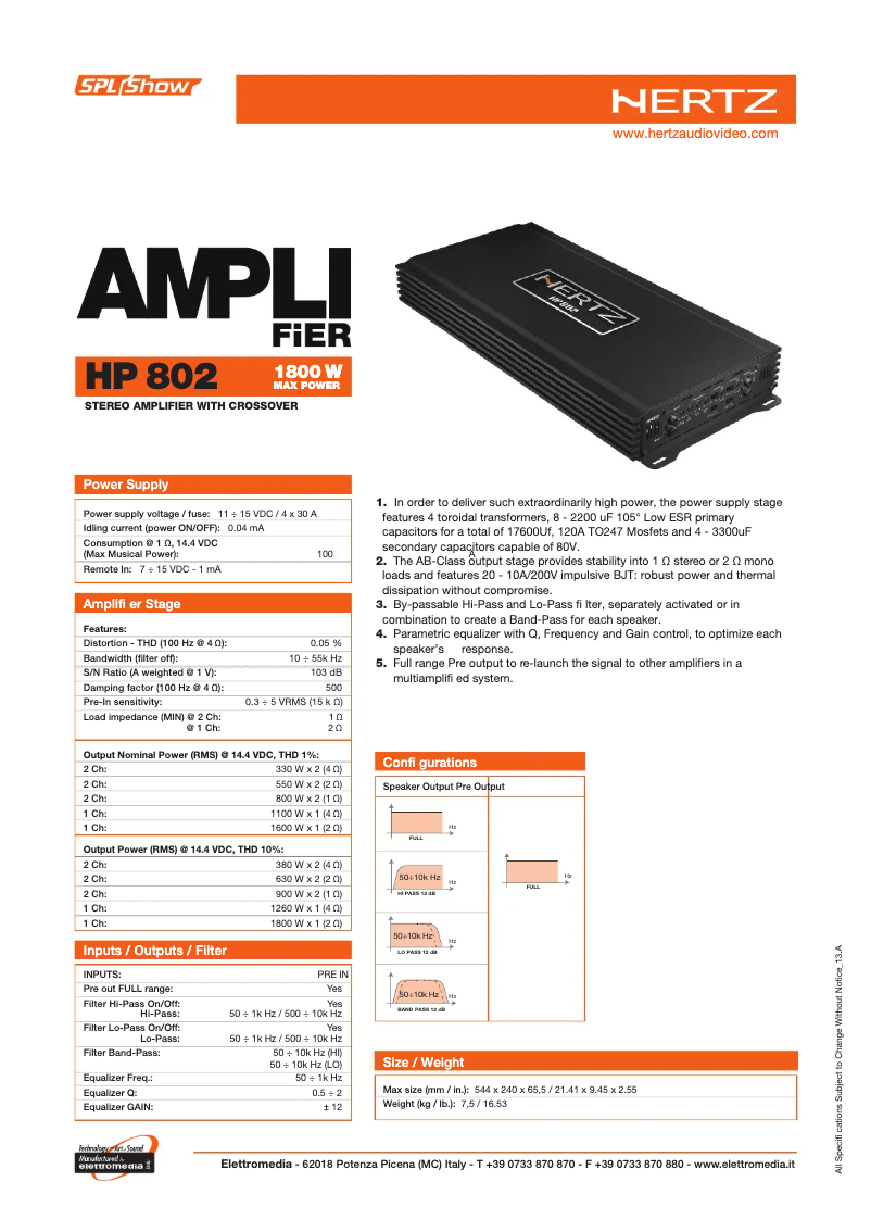 Page 1 de la notice Fiche technique Hertz SPL Show HP 802