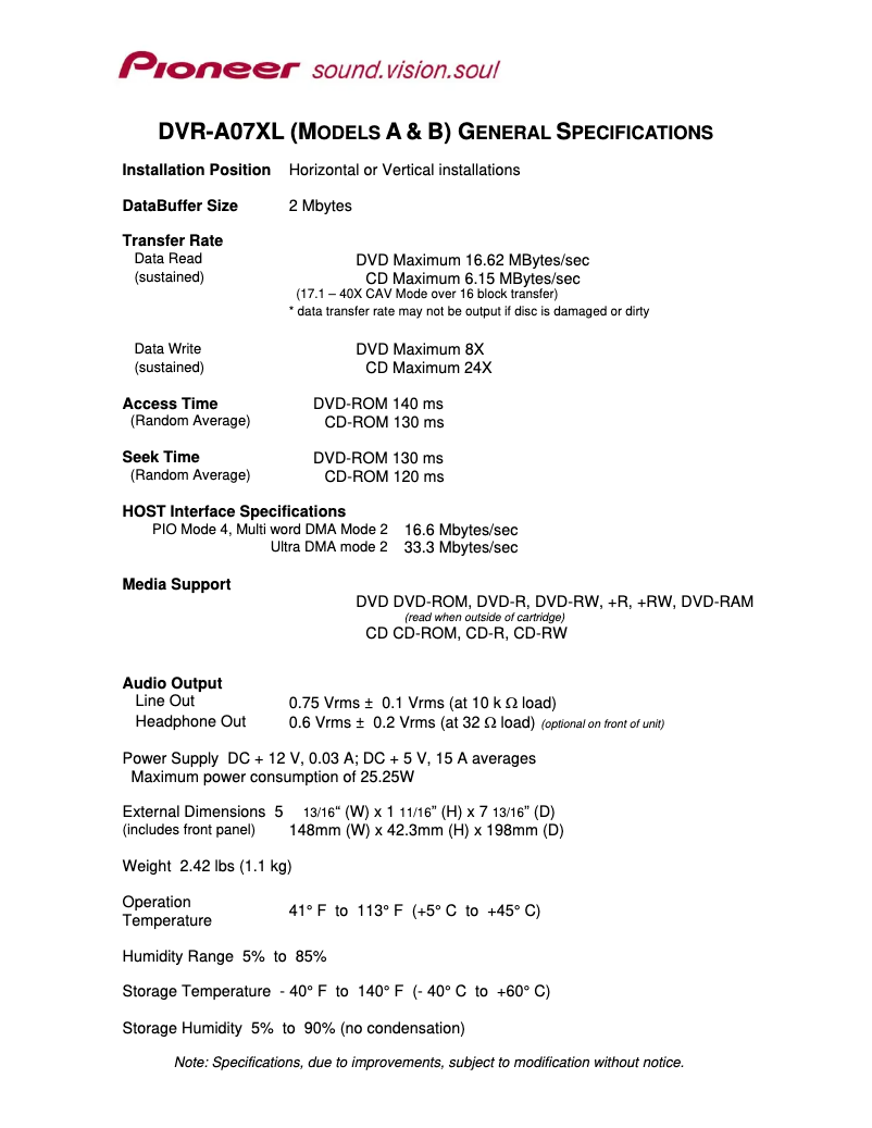 Page 1 de la notice Fiche technique Pioneer DVR-A07XL