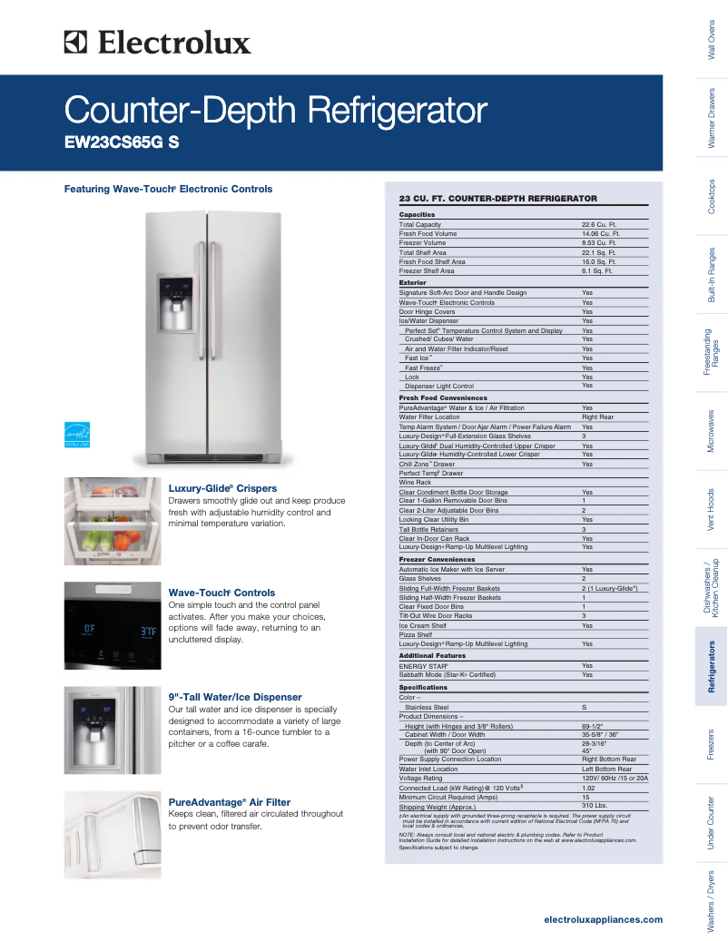 Page 1 de la notice Fiche technique Electrolux EW23CS65GS