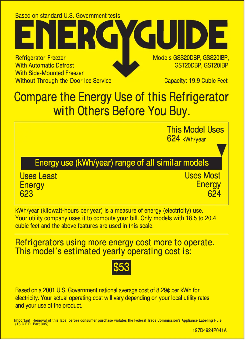 Page 1 de la notice Label énergétique GE GSS20IBPWW
