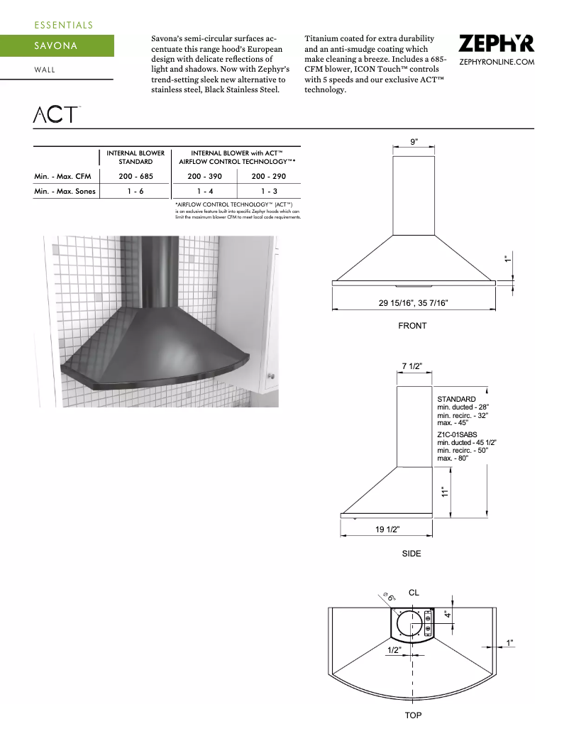 Page 1 de la notice Fiche technique Zephyr ZSA-M90DW