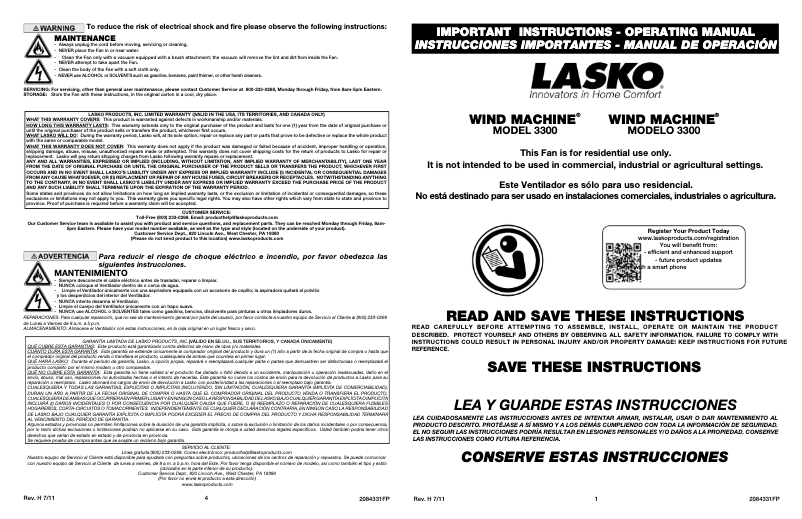 Page 1 de la notice Manuel utilisateur Lasko Wind Machine 3300