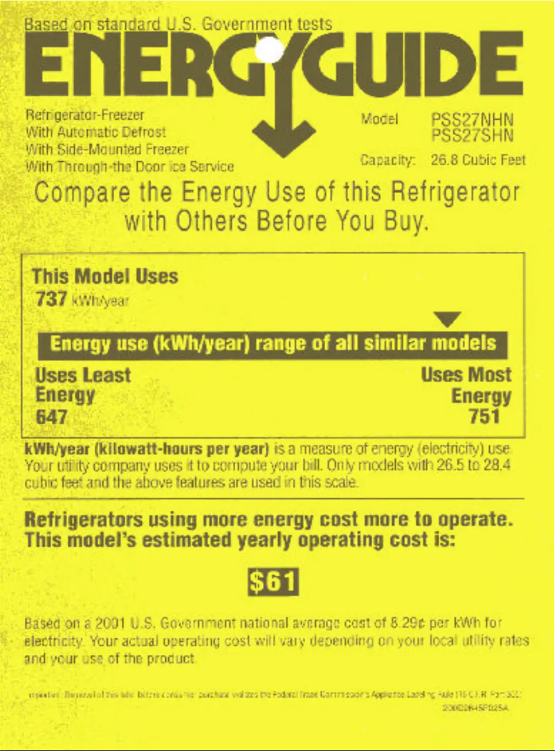 Page 1 de la notice Label énergétique GE PSS27NHNWW