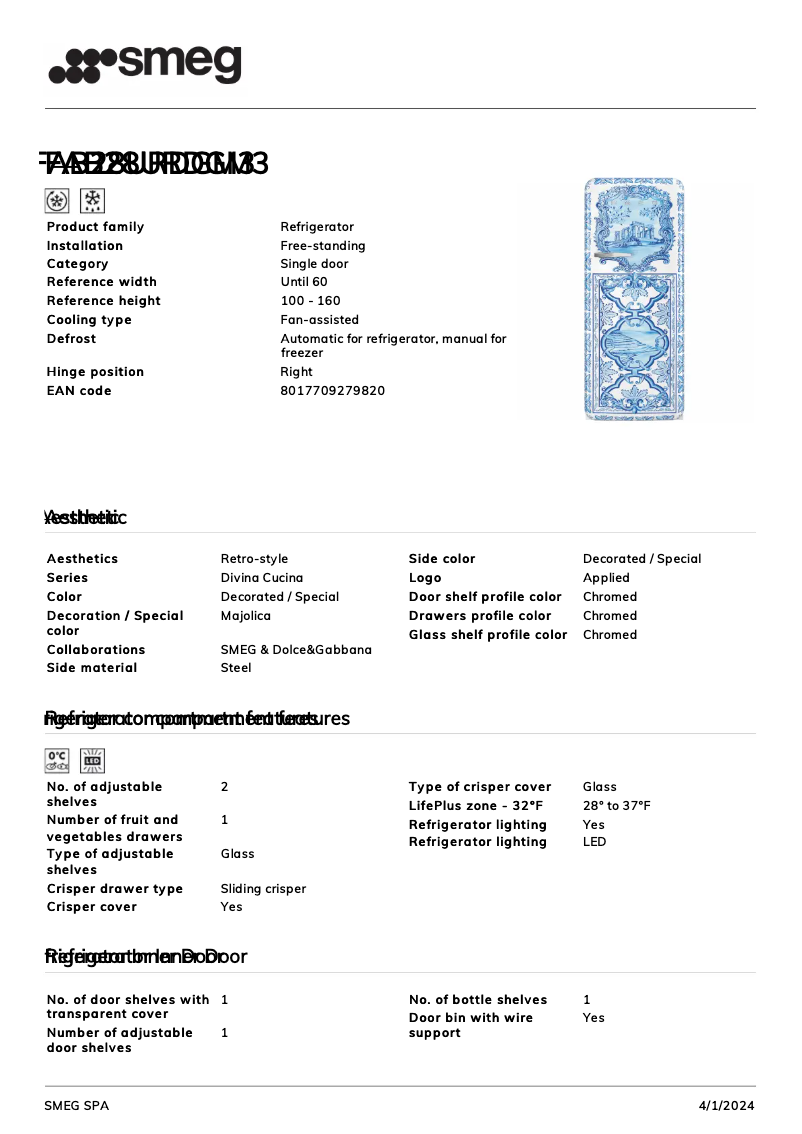 Página 1 del manual Ficha técnica Smeg FAB28URDGM3