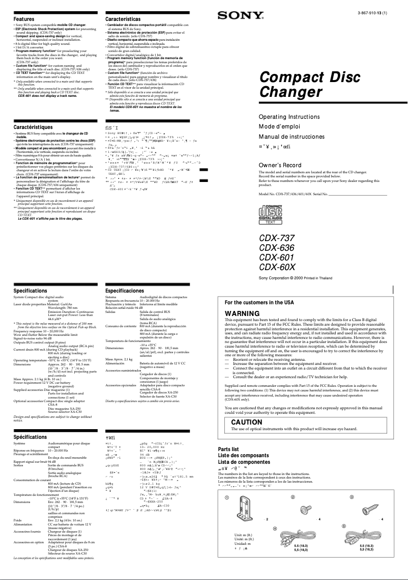 Page 1 de la notice Manuel utilisateur Sony CDX-601