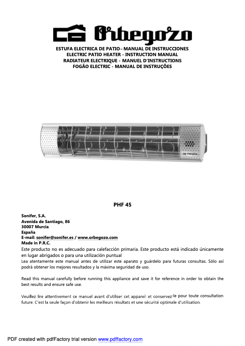 Page 1 de la notice Manuel utilisateur Orbegozo PHF 45
