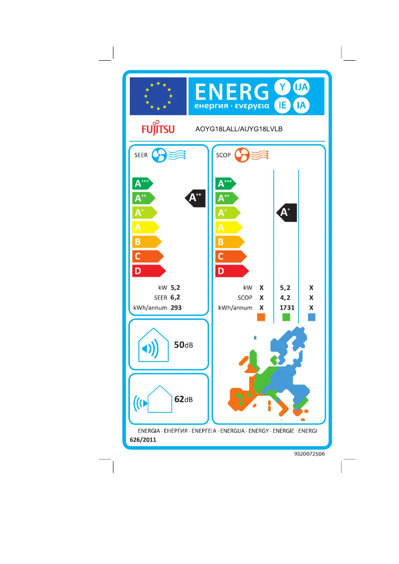 Page 1 de la notice Label énergétique Fujitsu AUYG18LVLB