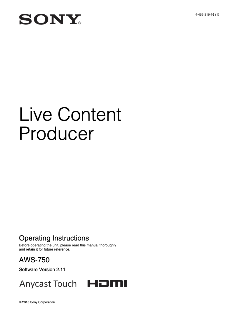 Image de la première page du manuel de l'appareil Anycast Touch Live AWS-750
