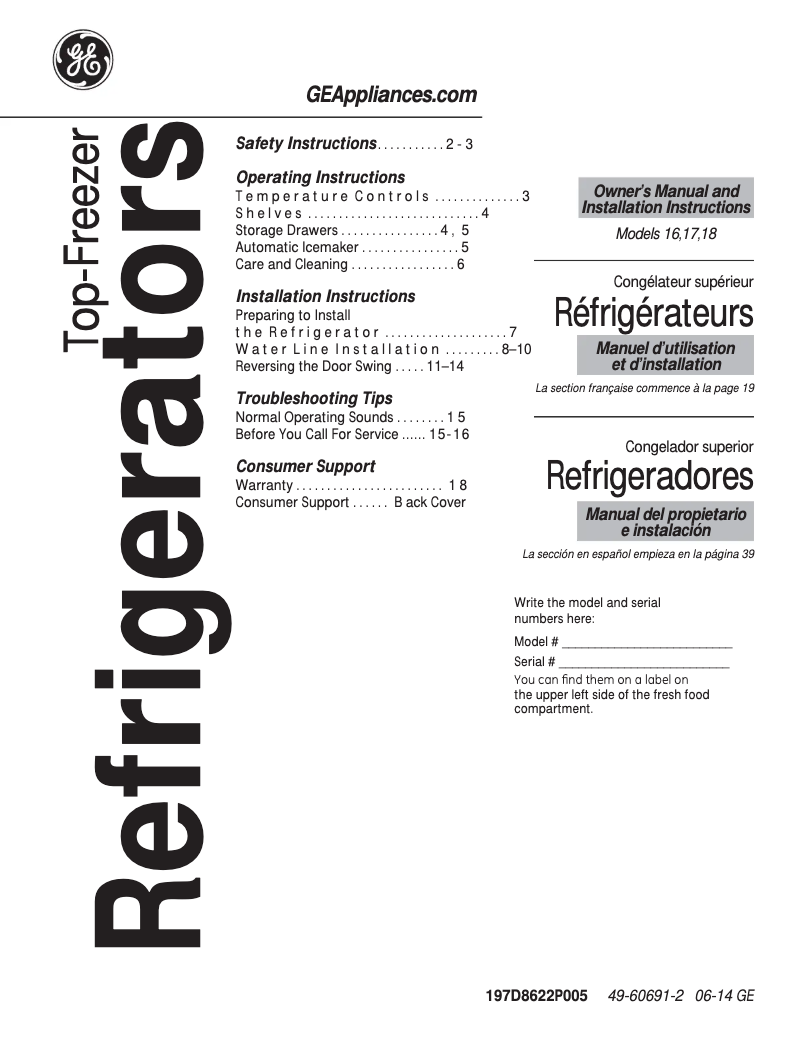 Imagen de la primera página del manual del dispositivo GTS18GBEWW