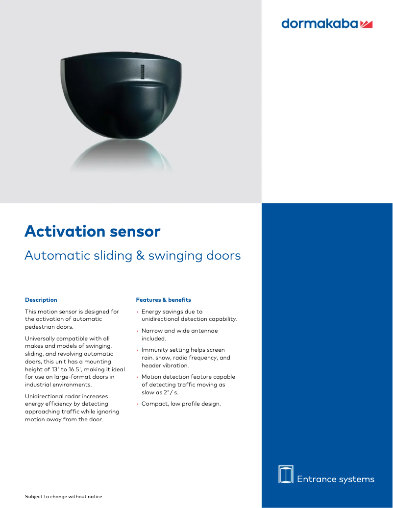 Page 1 de la notice Manuel utilisateur Dormakaba Activation & presence sensor