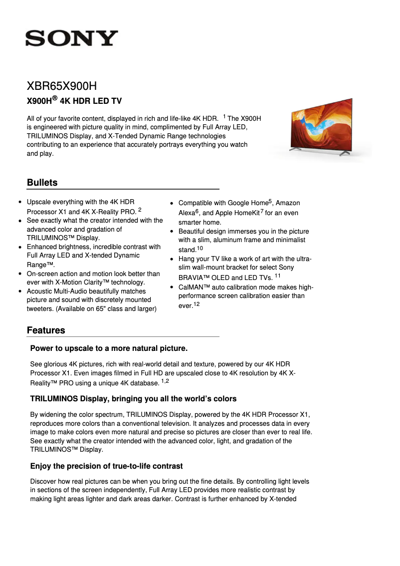 Page n°1 - Fiche technique Sony Bravia XBR-65X900H