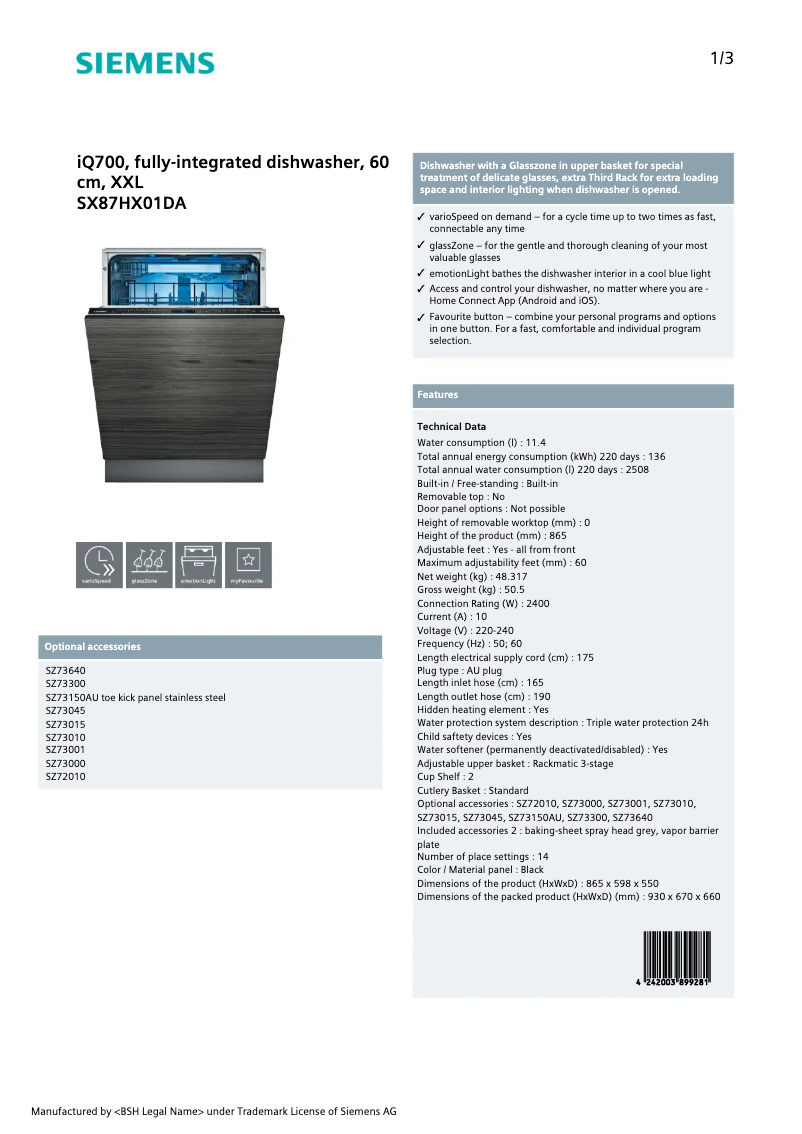 Page n°1 - Fiche technique Siemens SX87HX01DA