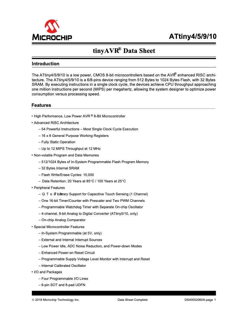 Page 1 de la notice Fiche technique Microchip ATTINY9