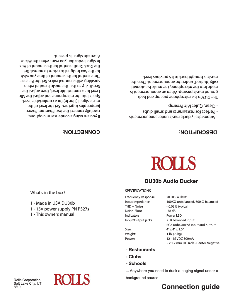 Page 1 of the manual Quick Start Guide Rolls Audio Ducker DU30b