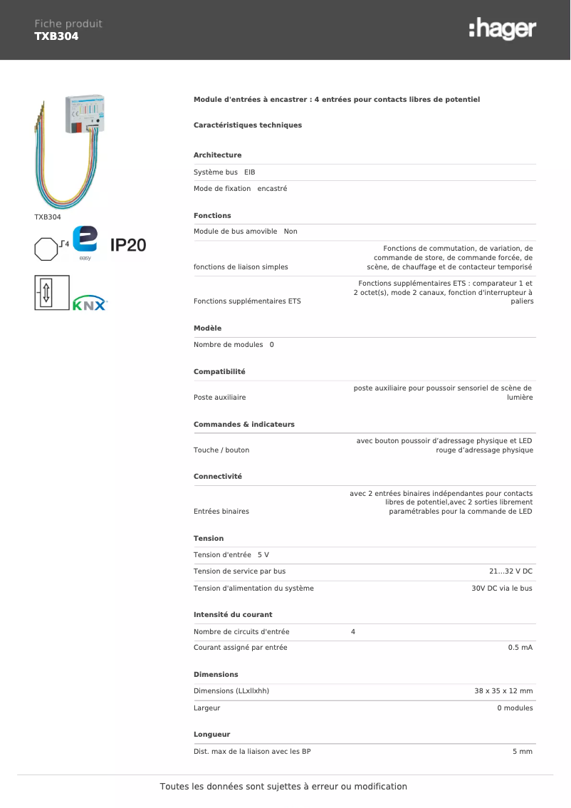 Page n°1 - Fiche technique Hager TXB304