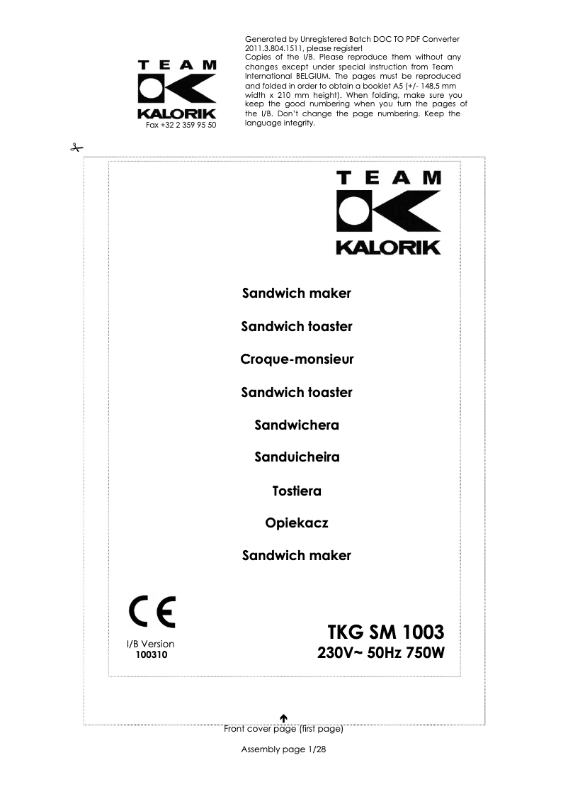 Image de la première page du manuel de l'appareil TKG SM 1003