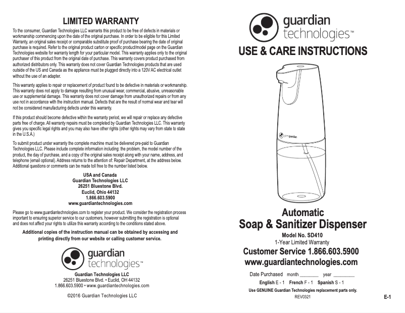 Image de la première page du manuel de l'appareil SD410