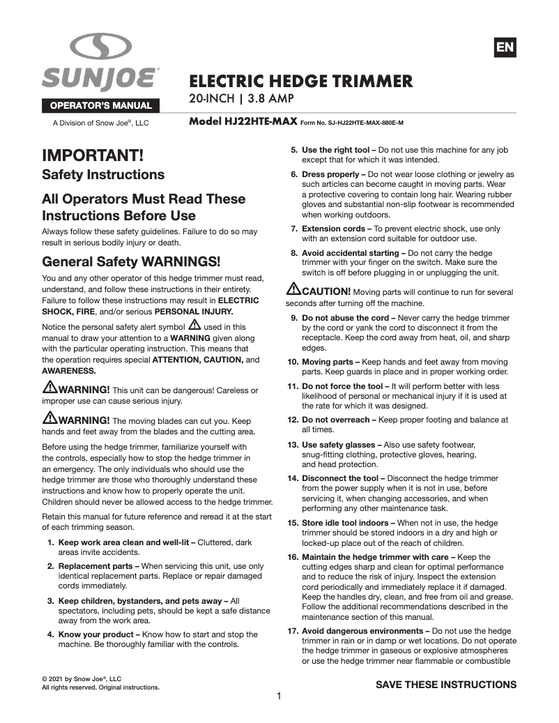 Page 1 de la notice Manuel utilisateur Sun Joe HJ22HTE-MAX