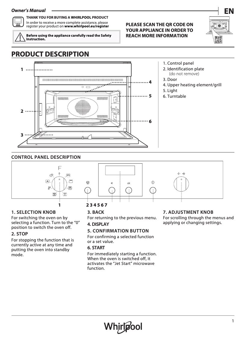 Page 1 de la notice Manuel d'utilisation et d'entretien Whirlpool AMW 545