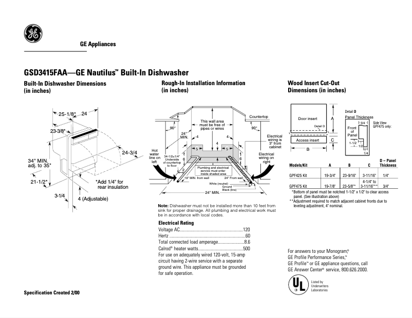 Page 1 de la notice Fiche technique GE GSD3415FAA