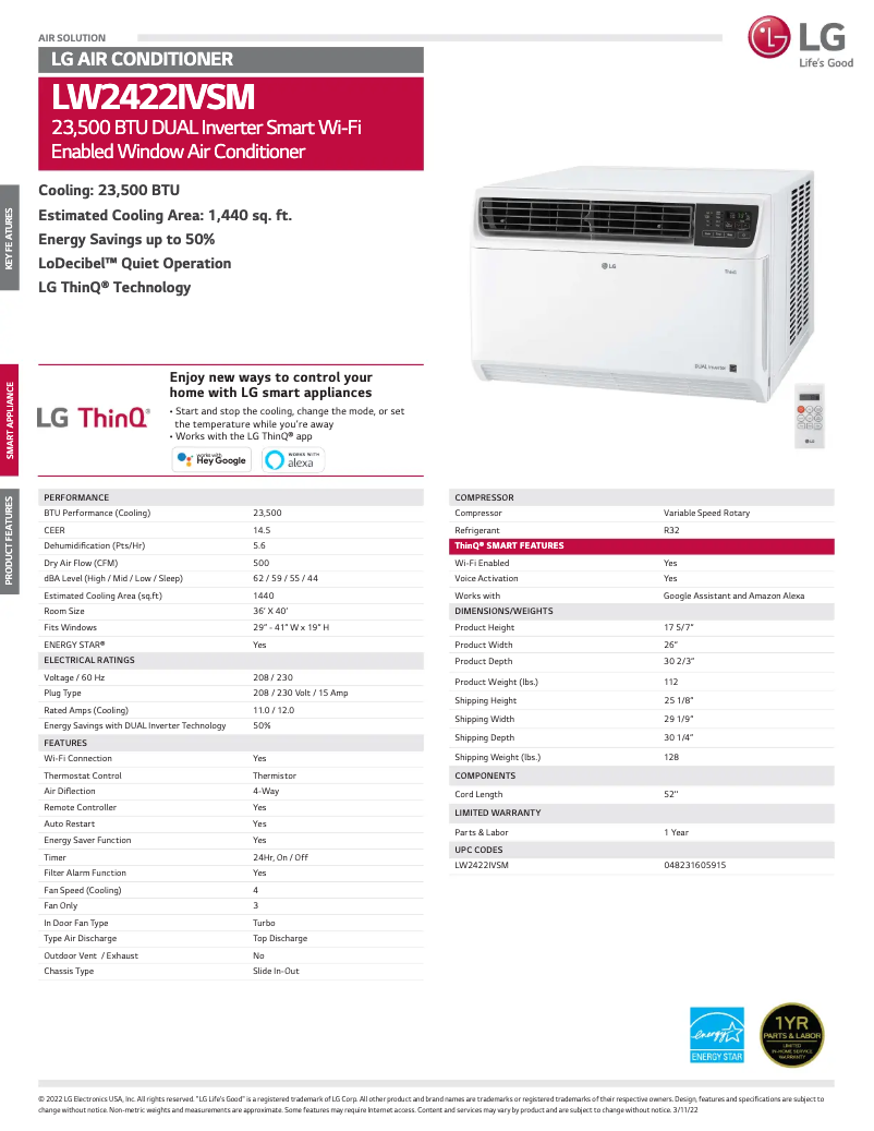 Page 1 de la notice Fiche technique LG LW2422IVSM