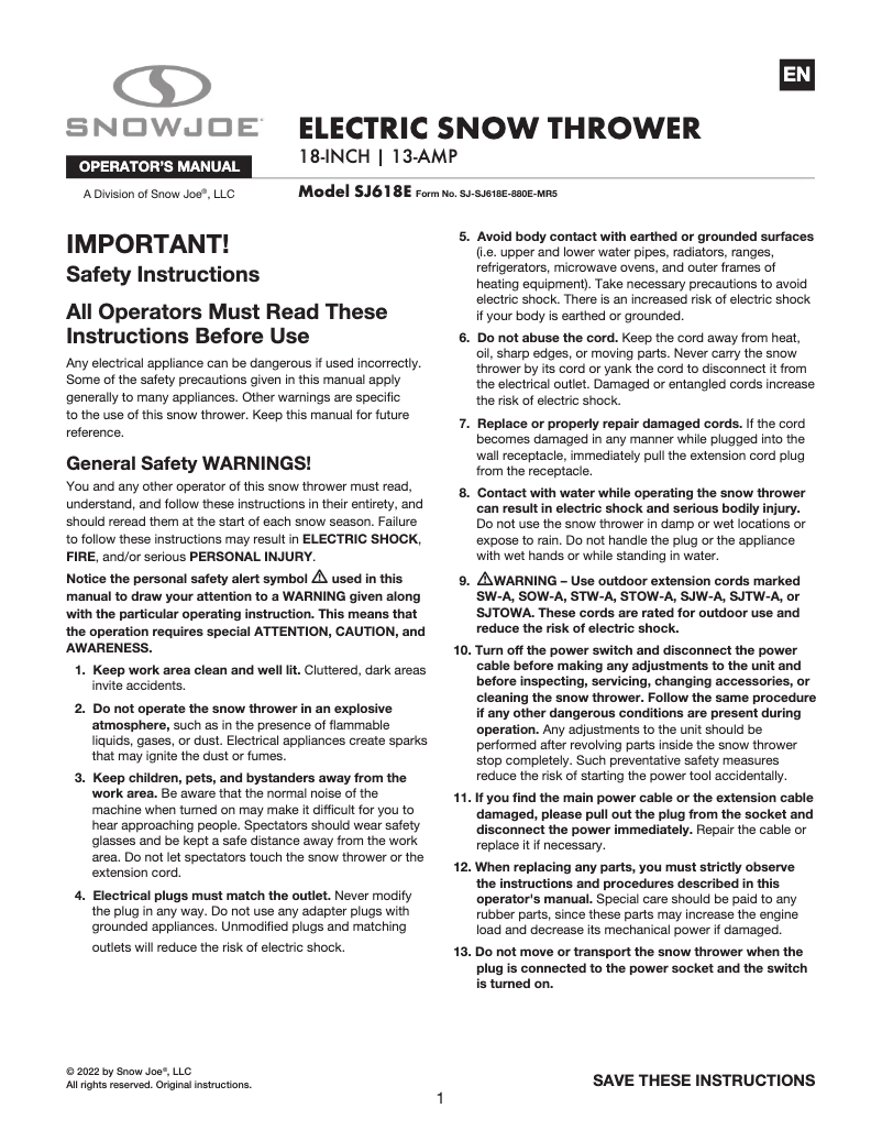 Page n°1 - Manuel utilisateur Snow Joe SJ618E