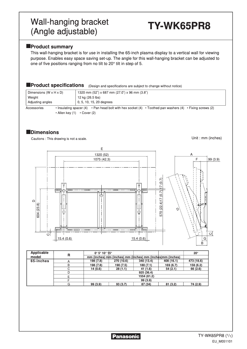 Page 1 de la notice Manuel utilisateur Panasonic TY-WK65PR8