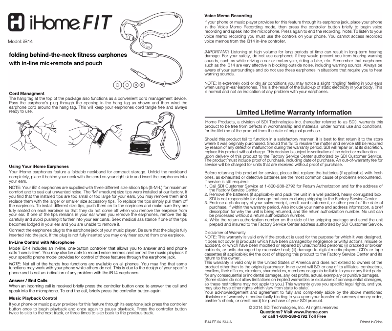 Page n°1 - Manuel utilisateur iHome iB14