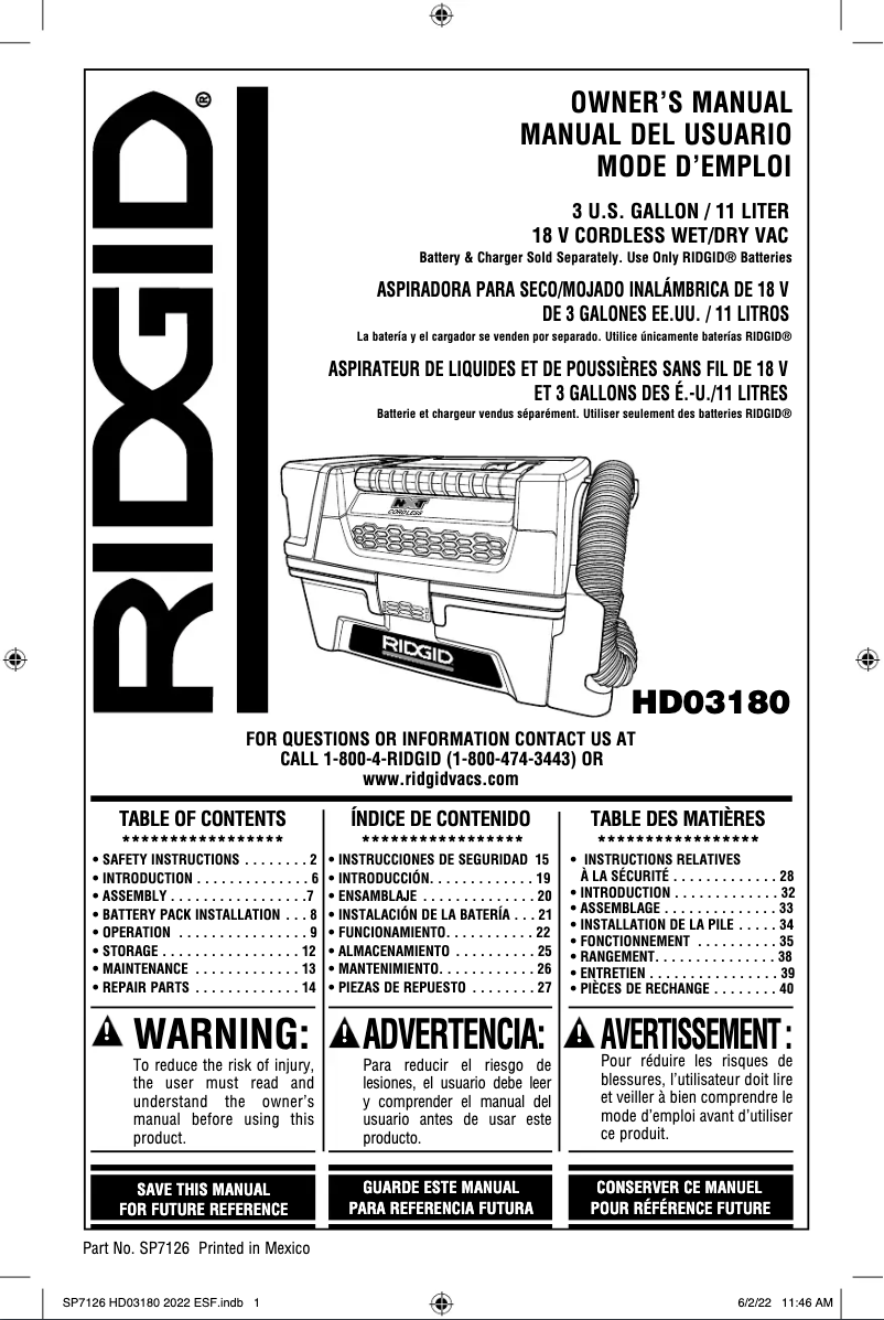 Page n°1 - Manuel utilisateur Ridgid HD0318