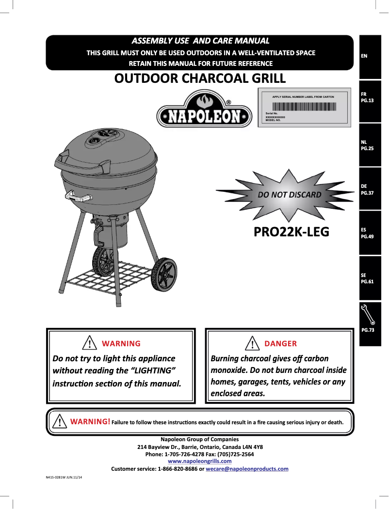 Page 1 de la notice Manuel utilisateur Napoleon PRO 22K-LEG