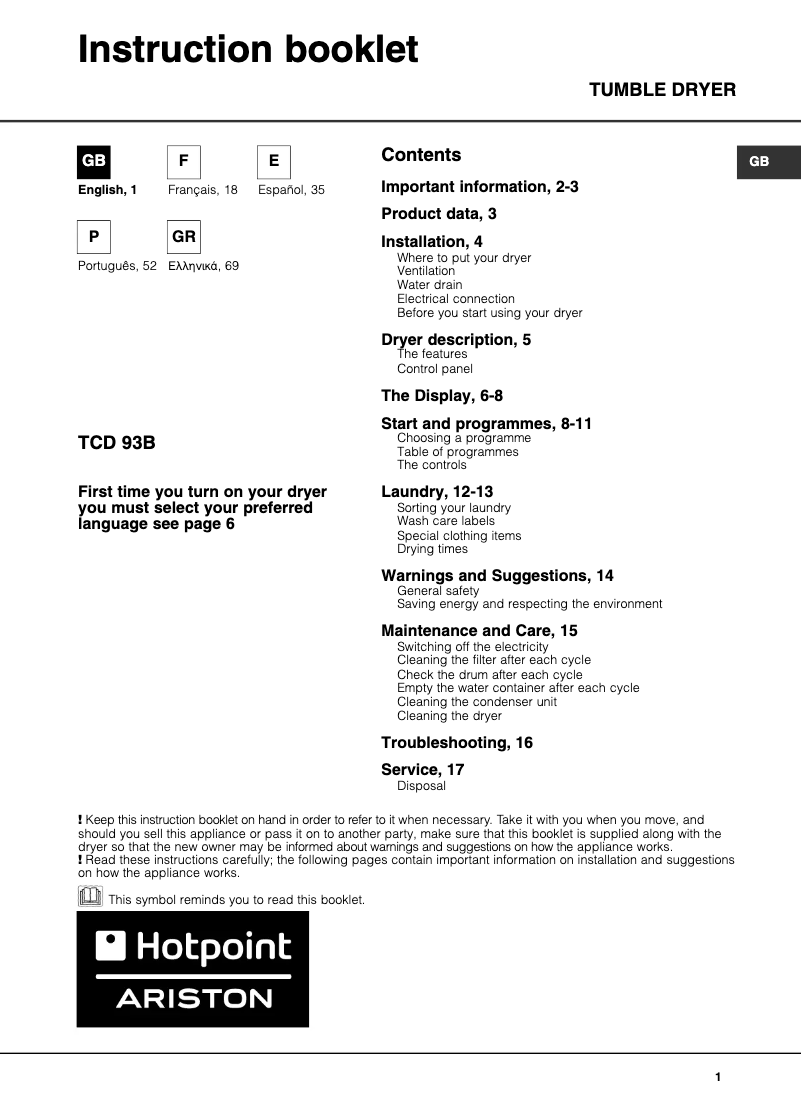 Page n°1 - Manuel utilisateur Hotpoint TCD 93B 6H