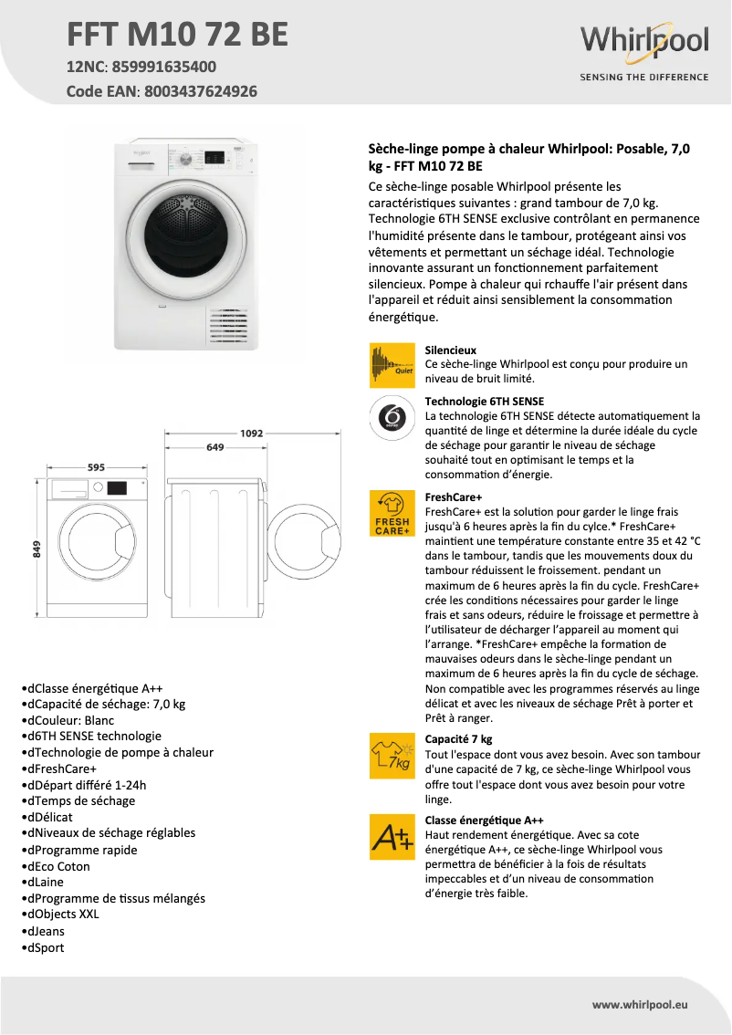 Página 1 del manual Ficha técnica Whirlpool FFT M10 72 BE
