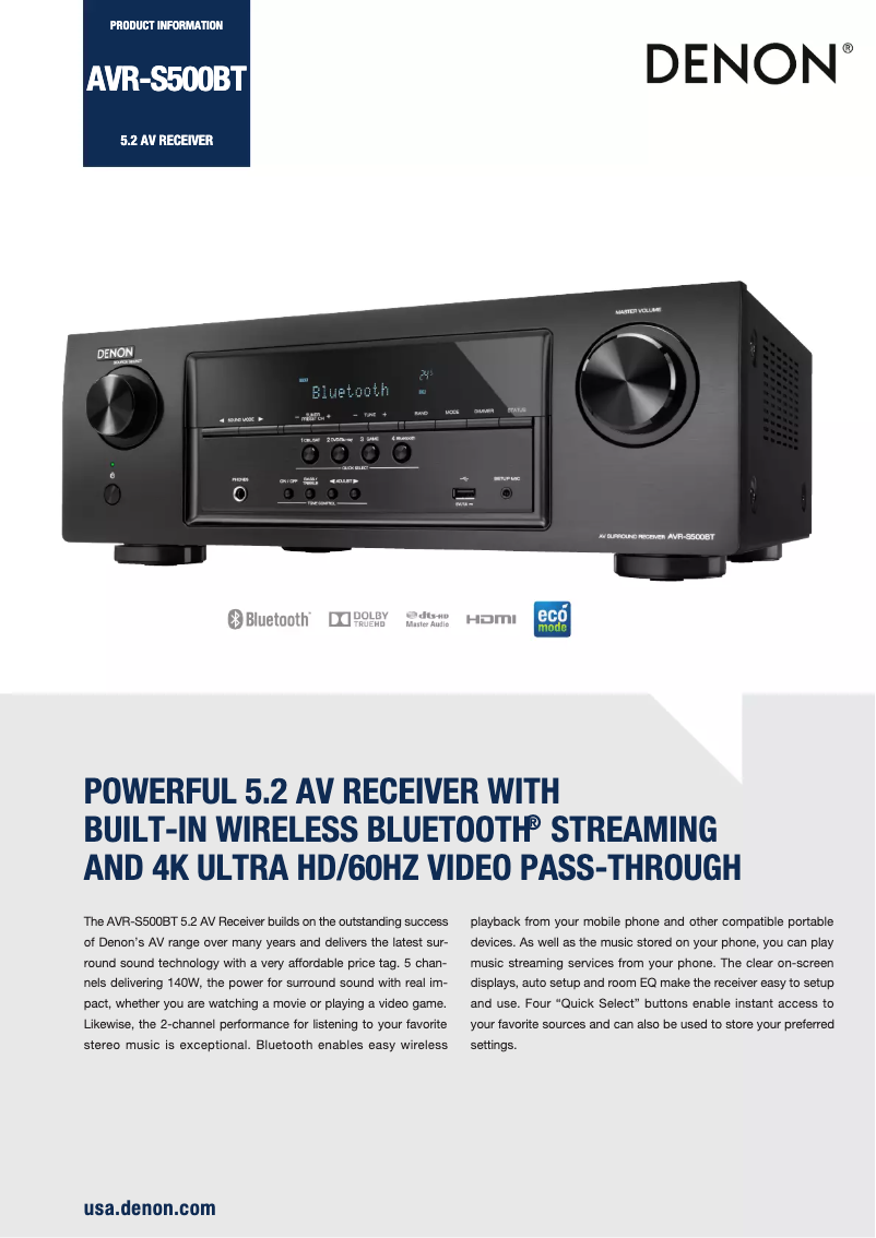 Page 1 de la notice Fiche technique Denon AVR-S500BT