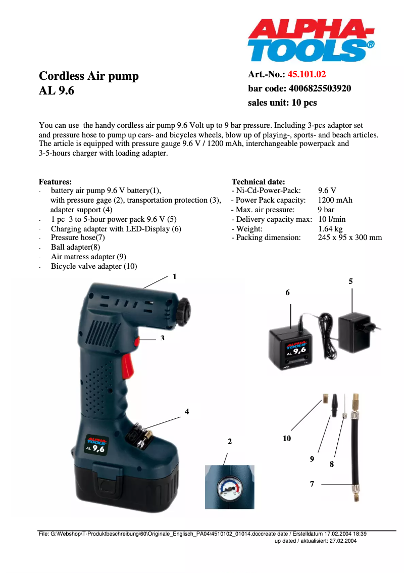 Page 1 de la notice Fiche technique Alpha Tools AL 9.6