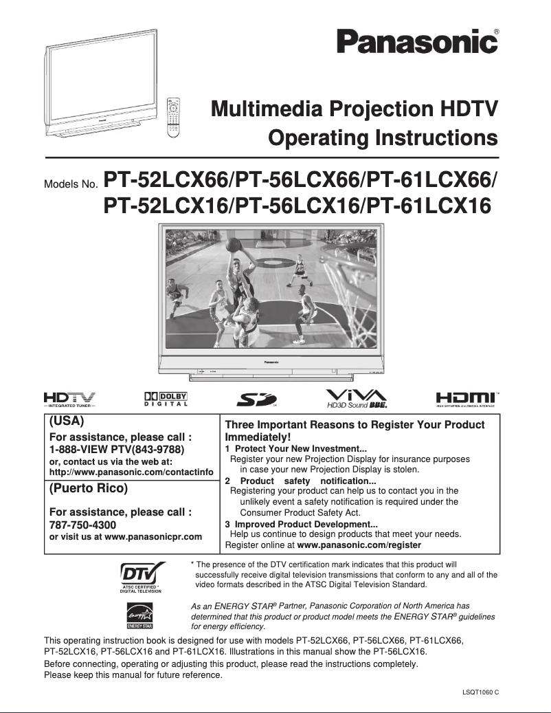 Page 1 de la notice Manuel utilisateur Panasonic PT-52LCX66