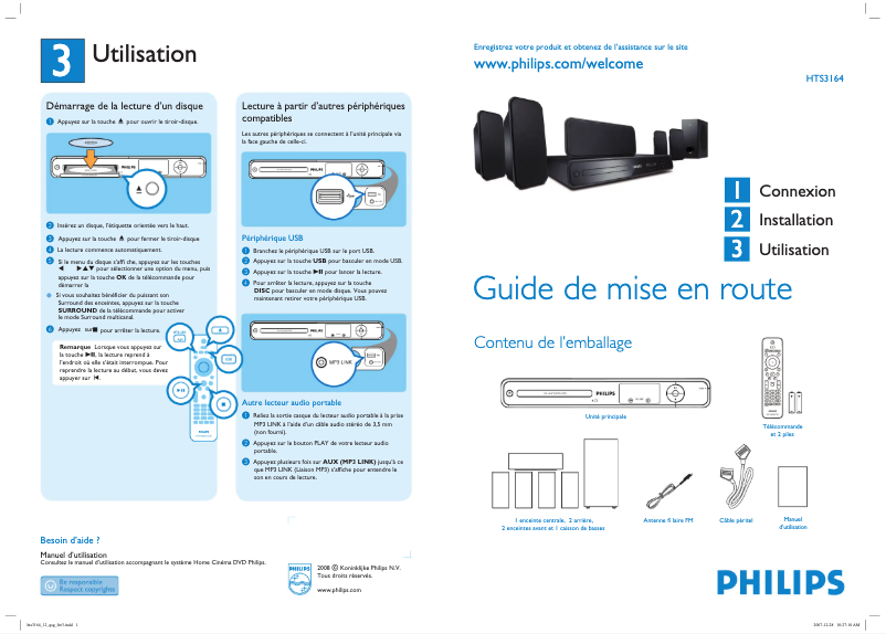 Page n°1 - Guide de démarrage rapide Philips HTS3164