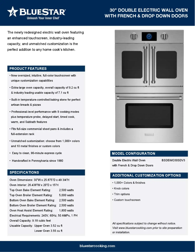 Page 1 de la notice Fiche technique BlueStar BSDEWO30SDV3