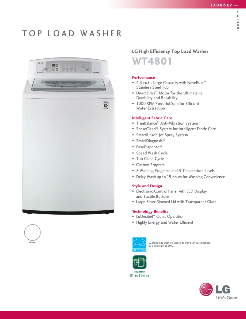 Page 1 de la notice Fiche technique LG WT4801CW