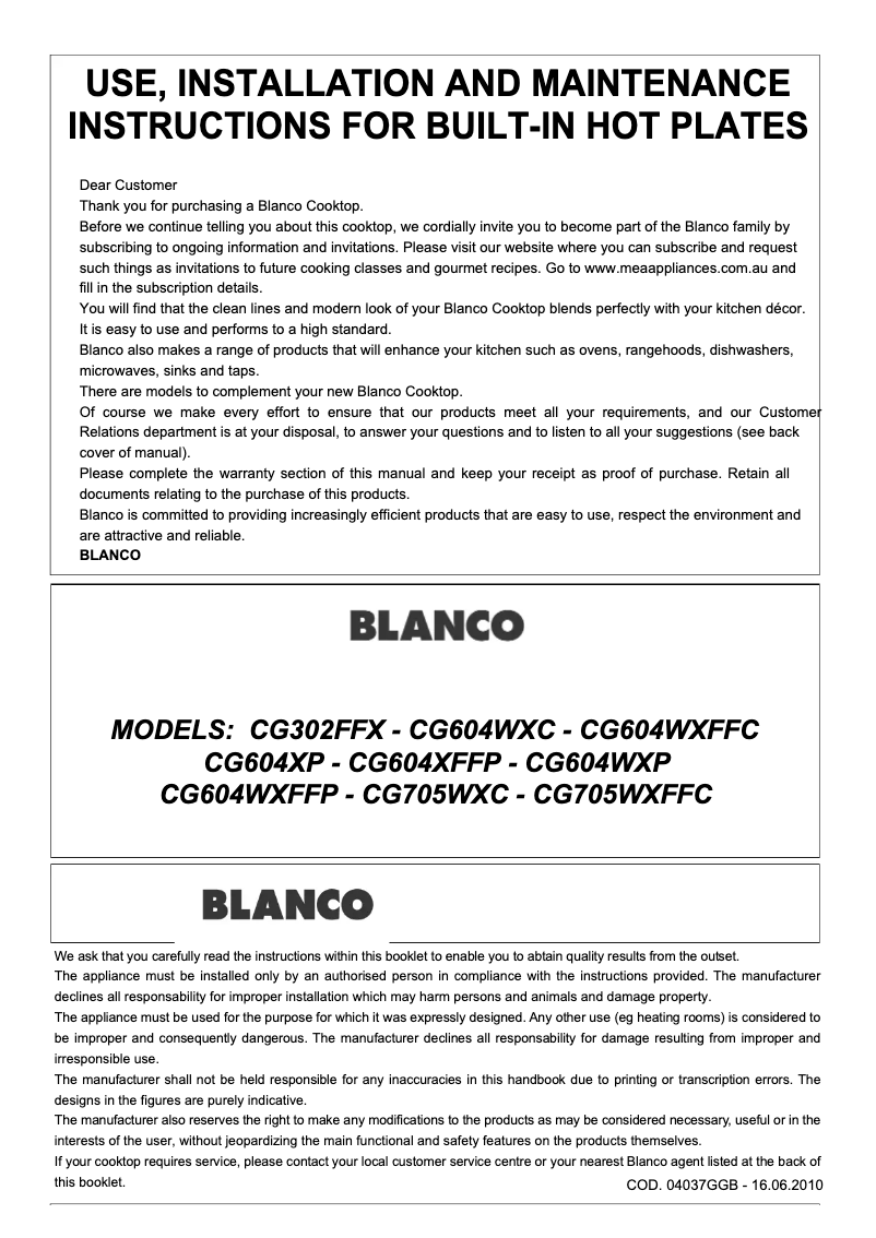 Page n°1 - Manuel utilisateur BLANCO CG604WXFFC