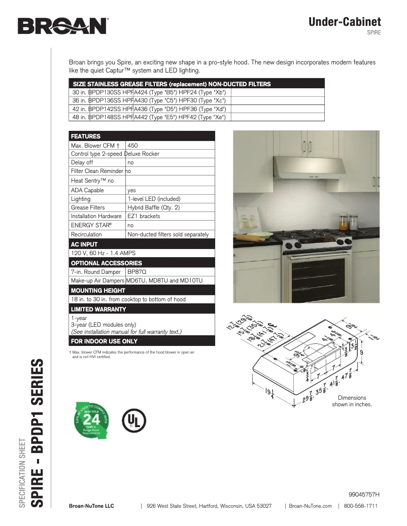 Page n°1 - Fiche technique Broan BPDP148SS