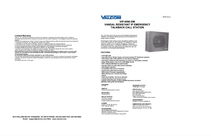 Page n°1 - Manuel utilisateur Valcom VIP-9890-EM