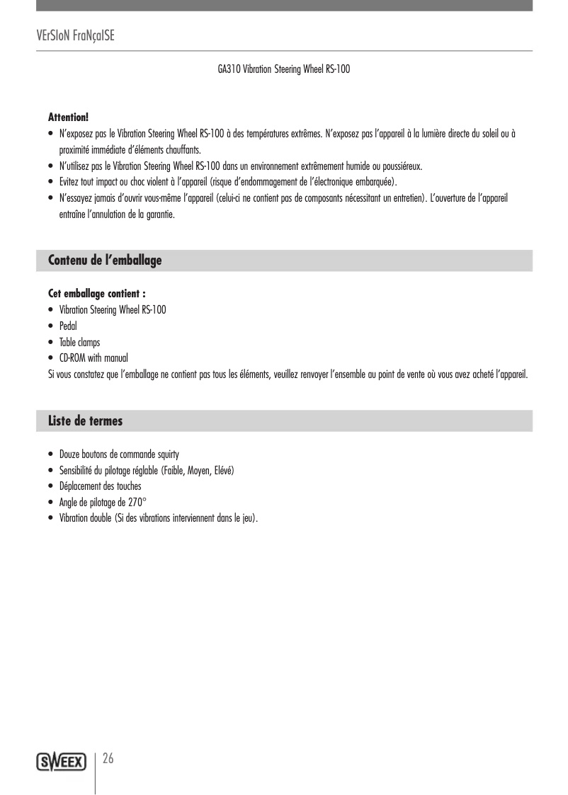 Page 1 de la notice Manuel utilisateur Sweex Vibration Steering Wheel RS-100